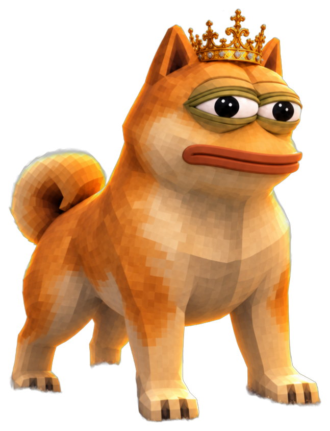 A crowned voxel dog standing on clouds, looking thoroughly unimpressed